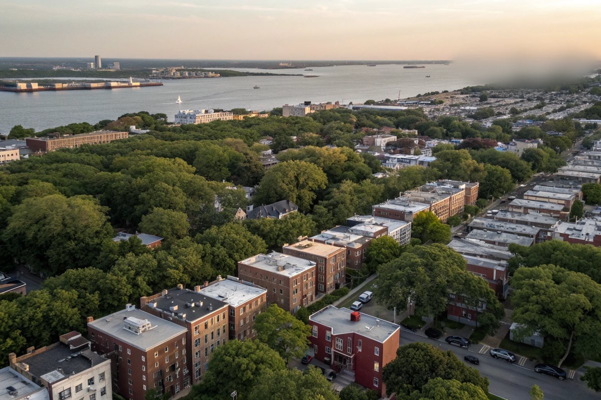 Aerial view of brick rowhouse neighborhoods and tree canopy above a harbor