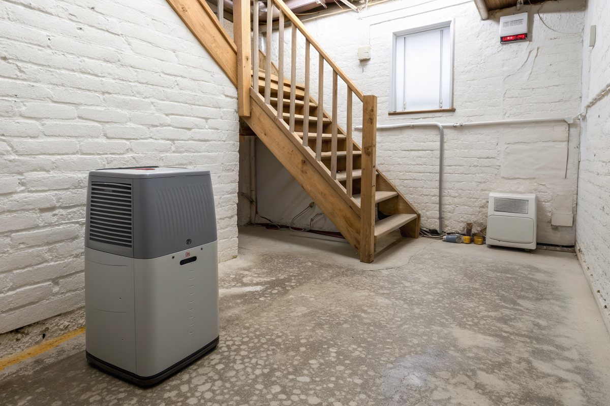 A gray dehumidifier on a dry floor in a whitewashed brick rowhouse basement