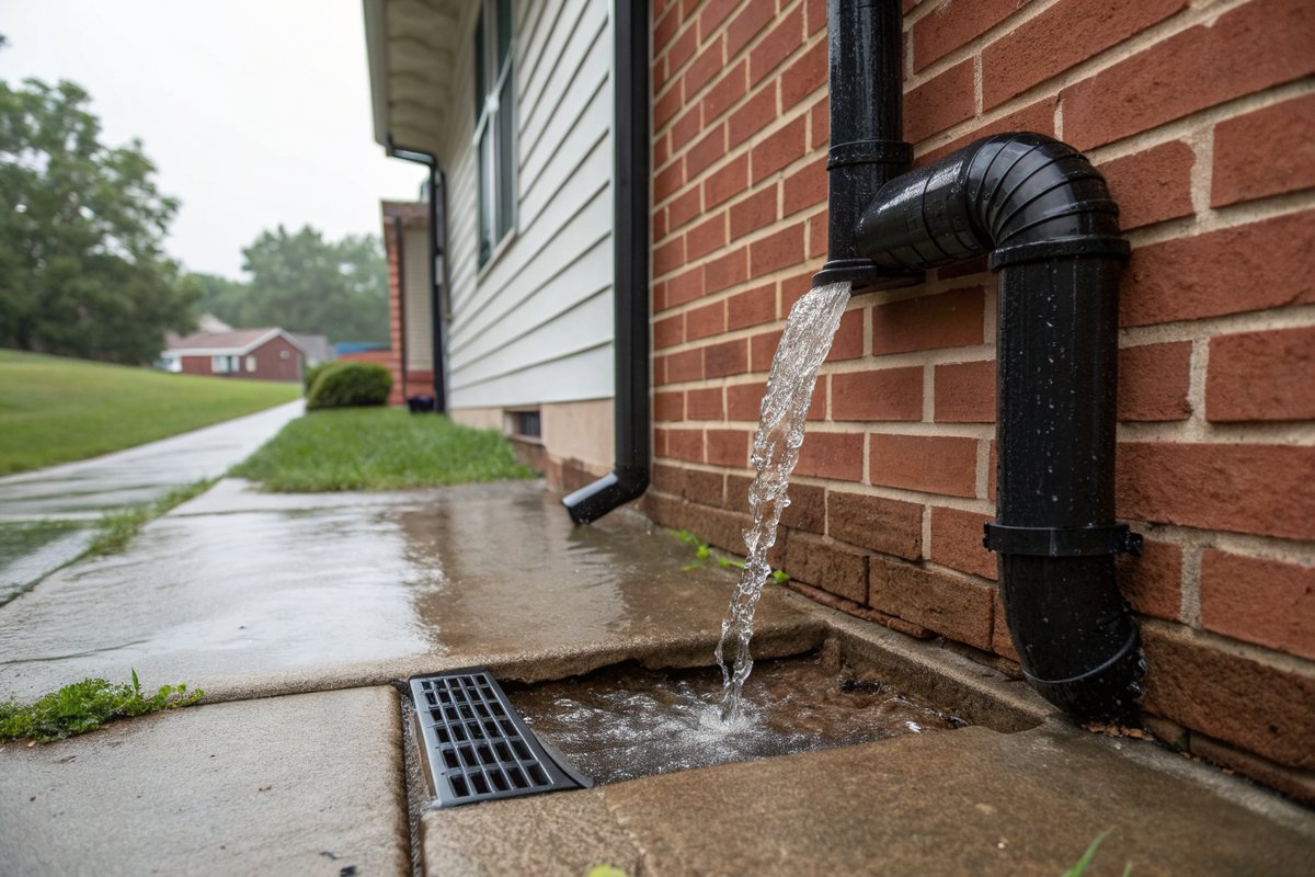 A black downspout spilling rainwater onto a concrete yard behind a brick rowhouse