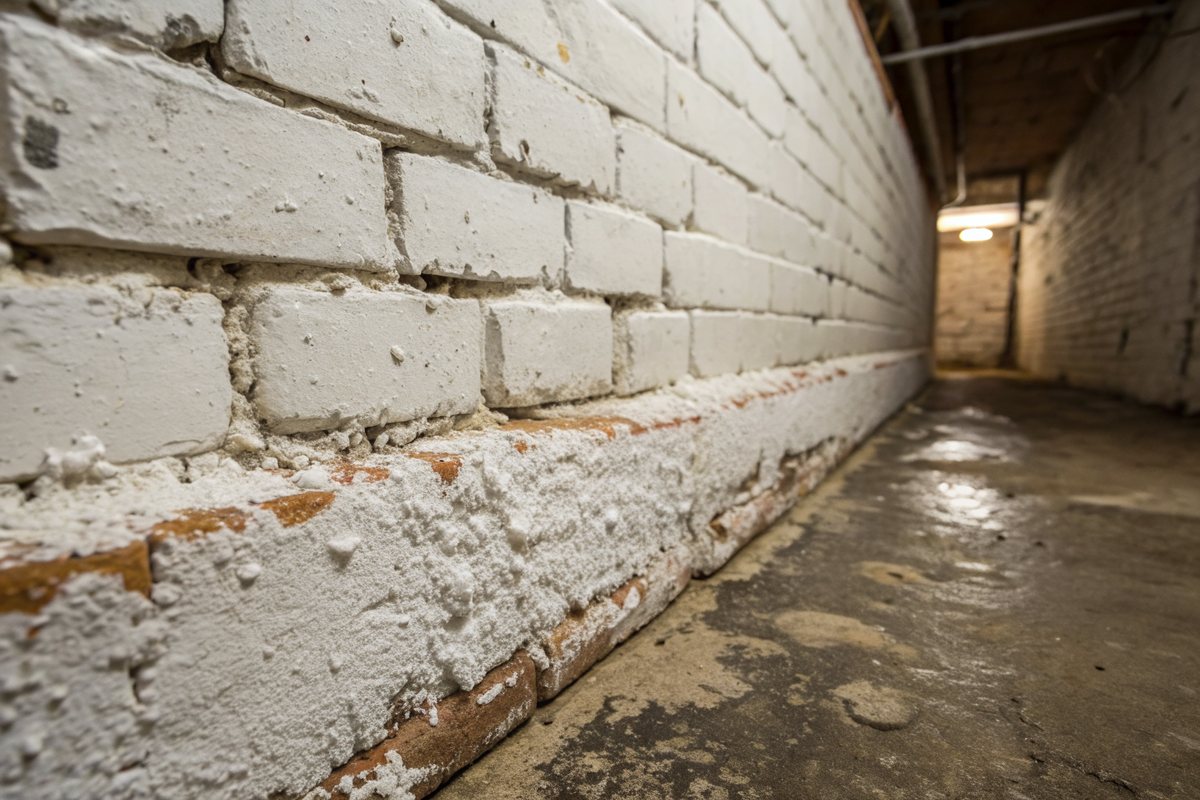 White powdery efflorescence and peeling whitewash along the bottom of an old brick basement wall