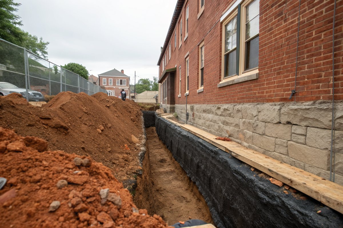 A trench along a brick end-of-group rowhouse exposing a stone foundation coated in black waterproofing