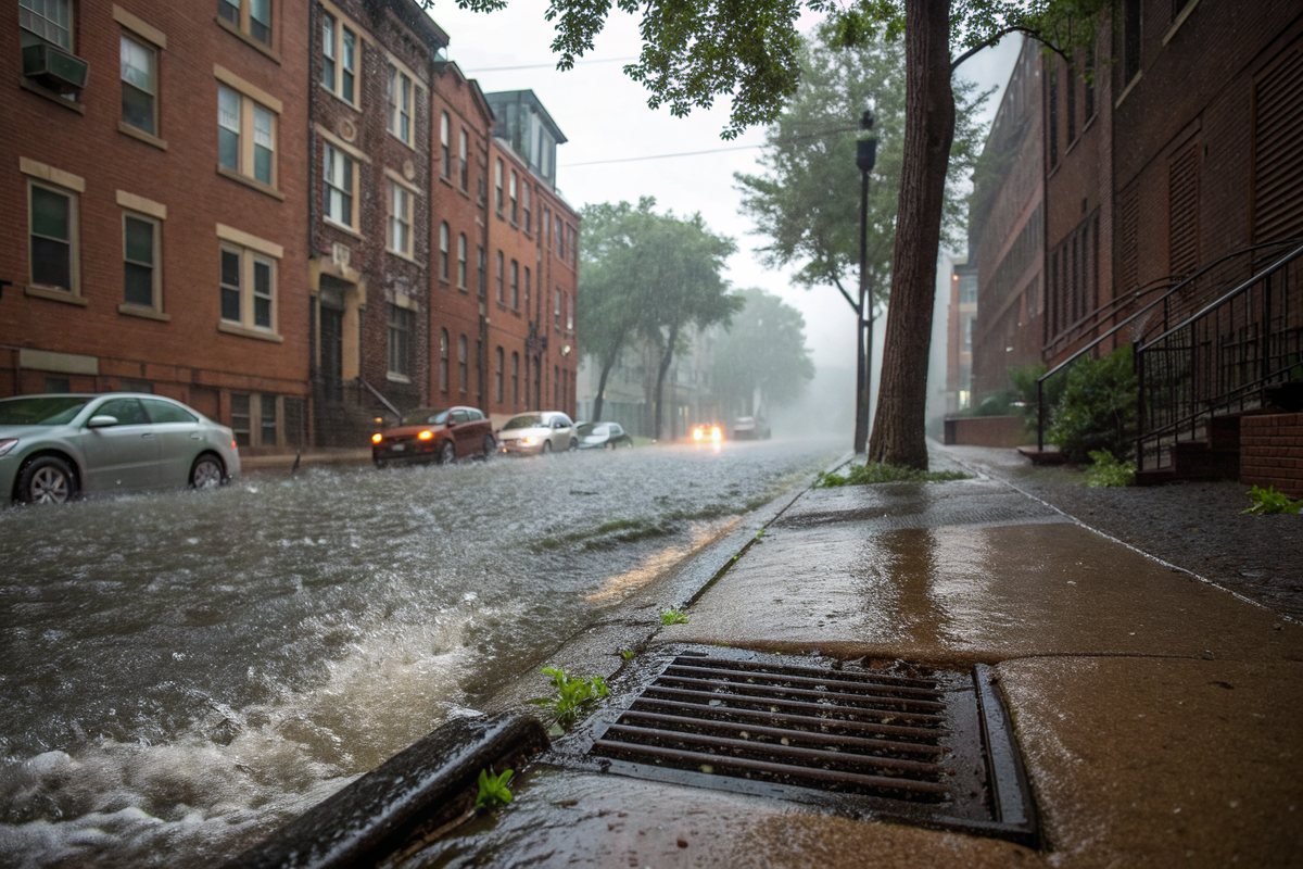 A summer downpour sending water along the gutter of a street of brick rowhouses