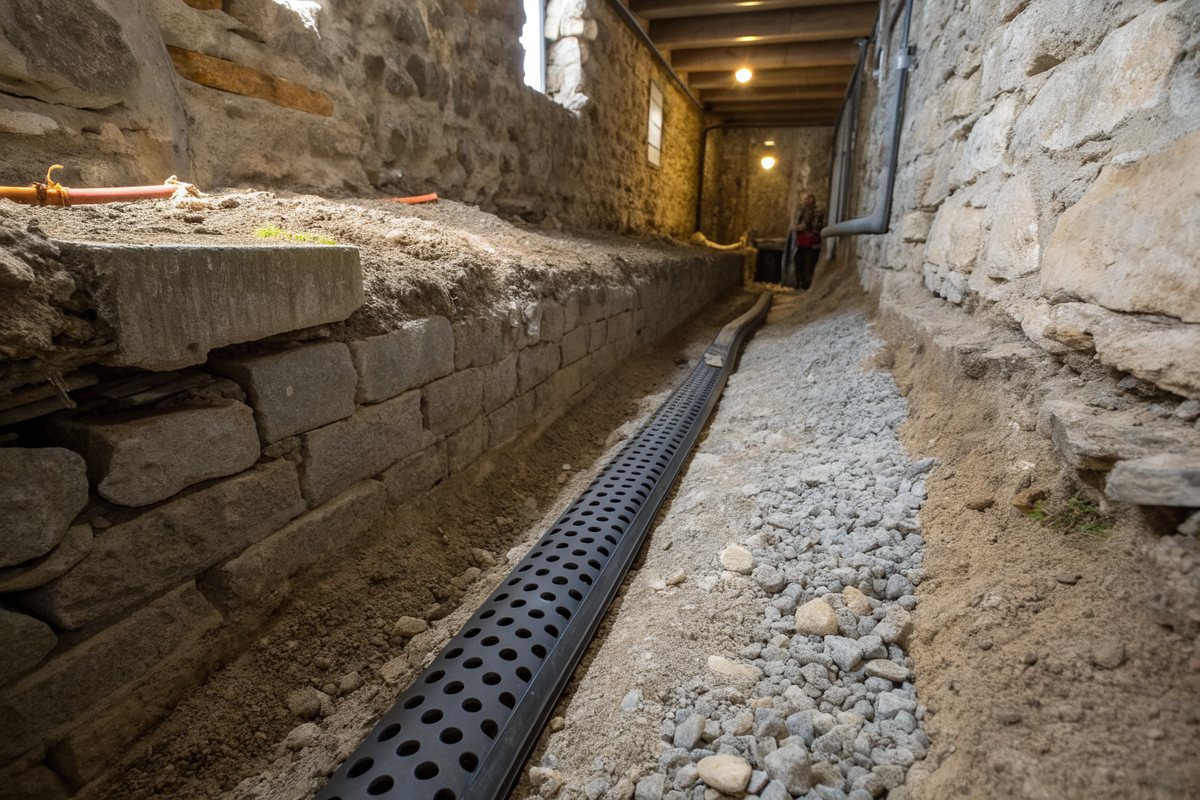 A trench along an old stone basement wall holding gravel and a black perforated drain channel