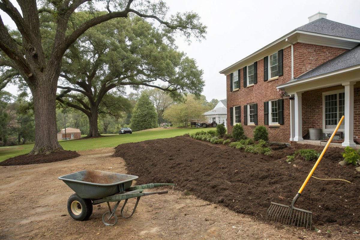 Fresh soil graded away from the foundation of a brick colonial house, with a rake and wheelbarrow