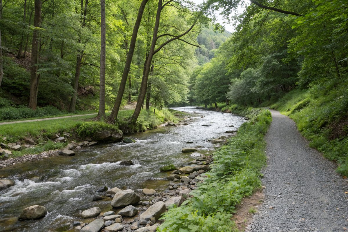 A rocky stream winding through a wooded valley park beside a gravel trail