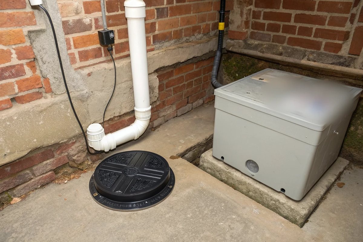 A sealed black sump lid, a white discharge pipe on a brick wall and a gray backup battery box