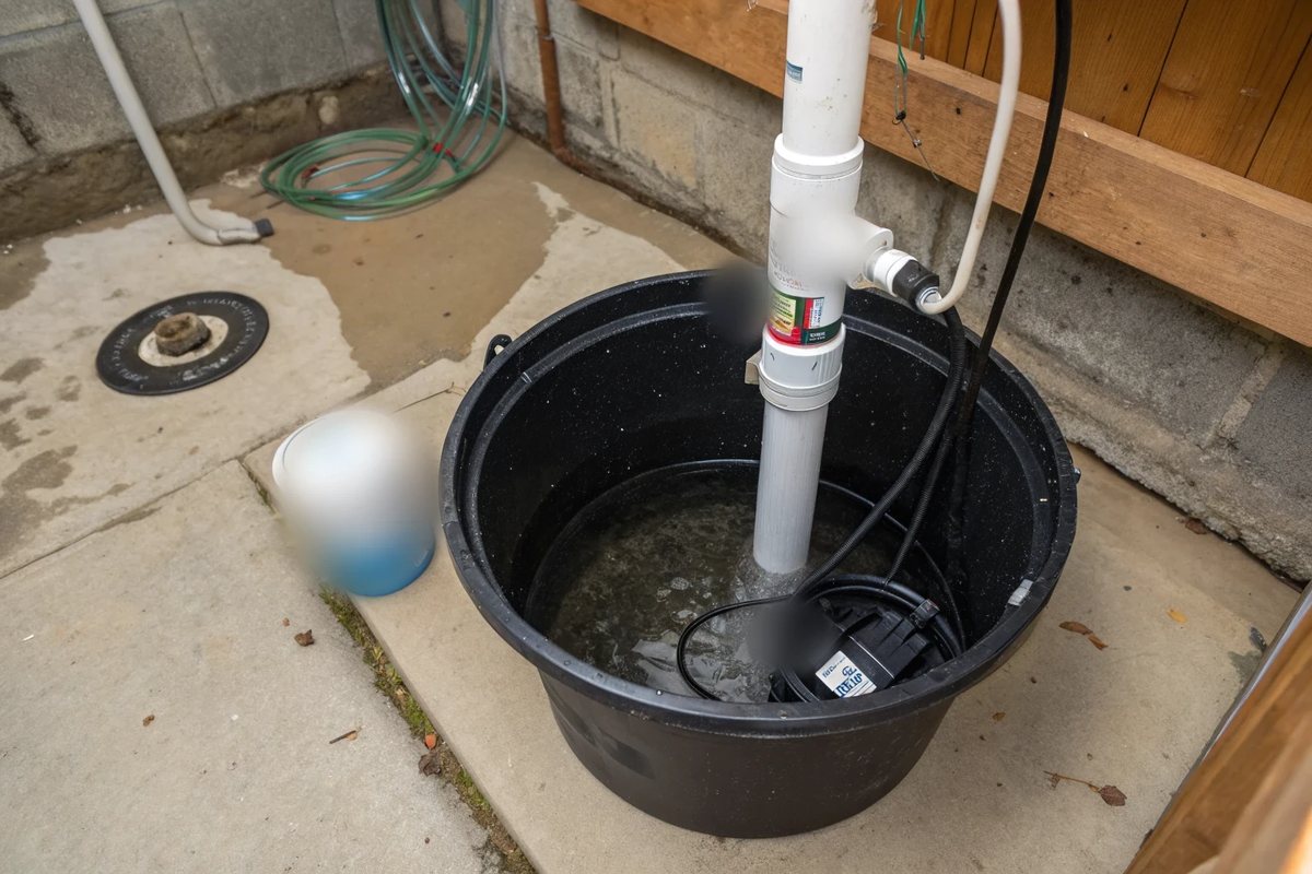 A submersible sump pump in a black basin with a white discharge pipe and check valve
