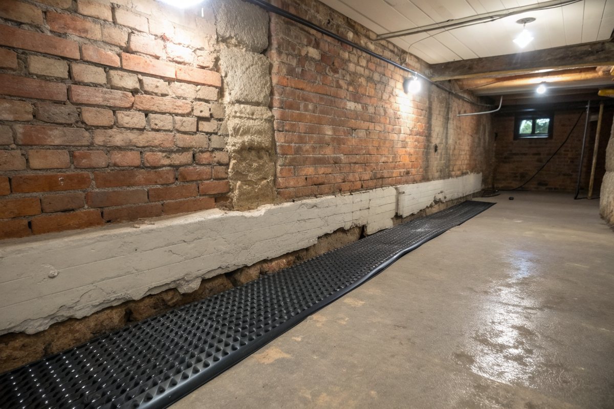 A dark dimpled drainage membrane along the base of an old brick basement wall