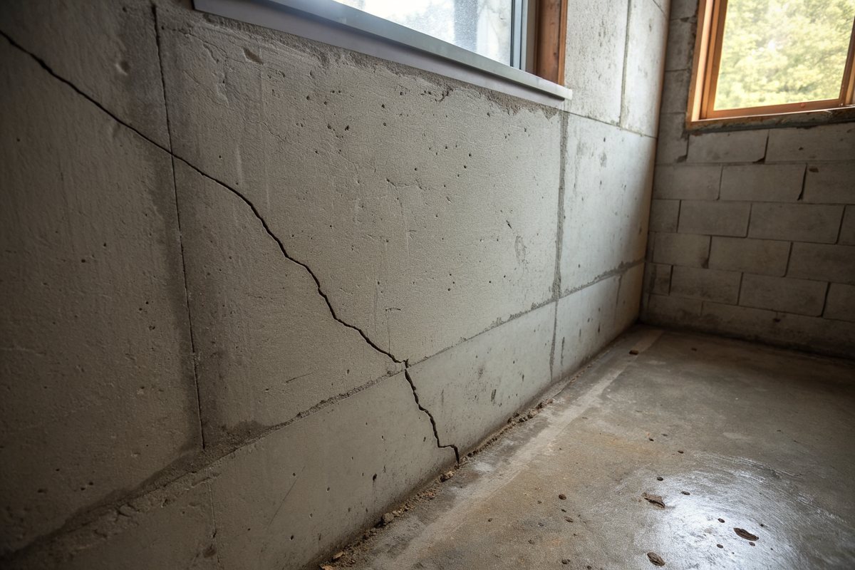 A thin diagonal crack running down a poured concrete basement wall below a small window