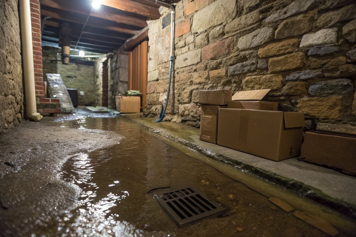 Water pooling on an old rowhouse basement floor from the base of a stone and brick wall toward a floor drain