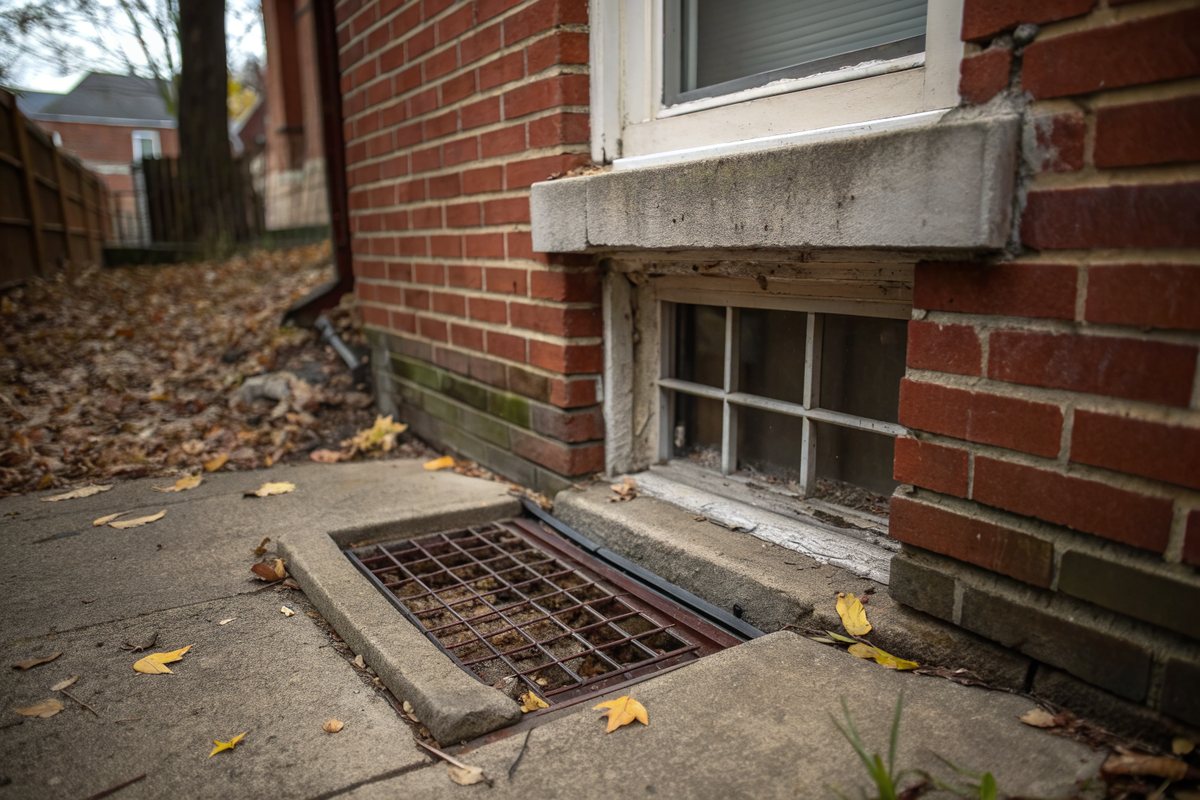 A low basement window in a red brick rowhouse wall above a concrete areaway with a metal grate